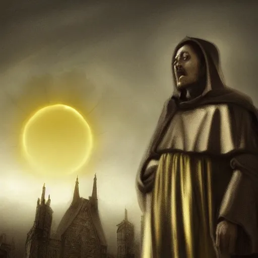 Image similar to A terrified catholic priest in his twenties at the top of a medieval tower watches as an ominous yellow shadow descends upon him from the night sky. He is seen from above fervently praying. Dramatic lighting. Award-winning digital art, trending on ArtStation