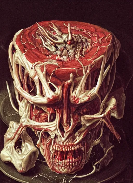 Image similar to demonic birthday cake with translucent skin, visible muscles and veins and arteries and bones and spines and nerves, beautiful detailed intricate insanely detailed octane render, 8k artistic photography, photorealistic, chiaroscuro, by David Cronenberg, Raphael, Caravaggio