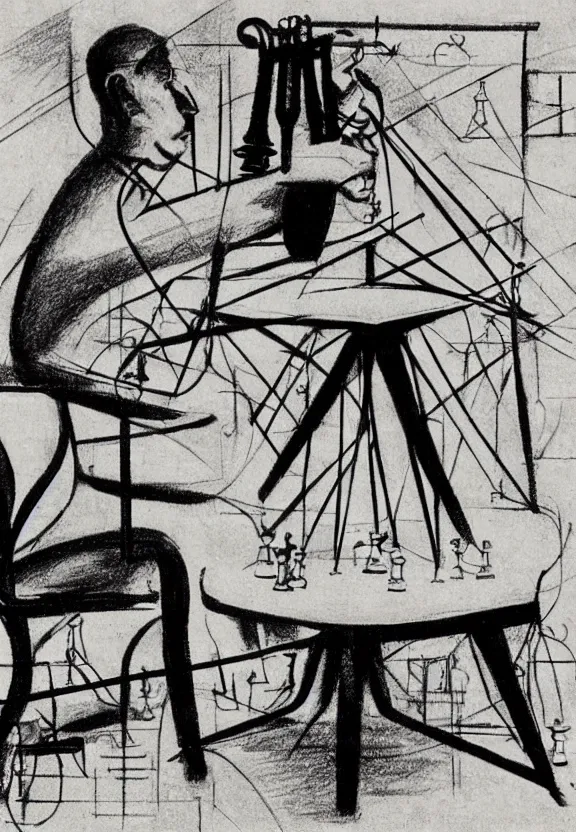 Image similar to a concept drawing of marcel duchamp holding up a chess - piece wire - machine, a surrealist painting by marcel duchamp, complex artificial - intelligence machinery, minimal sketch flow - chart, academic art, 1 9 2 0 s