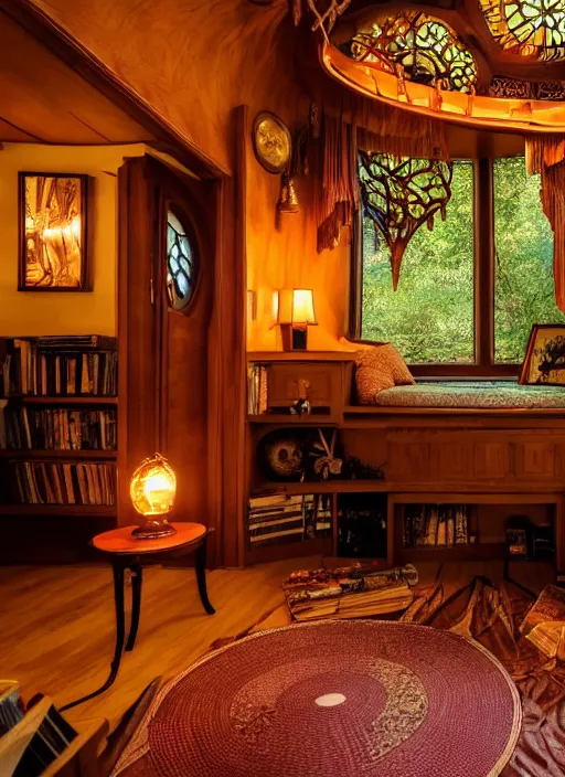 Image similar to an incredibly beautiful scene from a 2 0 2 2 marvel film featuring a cozy art nouveau reading nook in a fantasy treehouse interior. an end table with a lamp. golden hour. 8 k uhd.