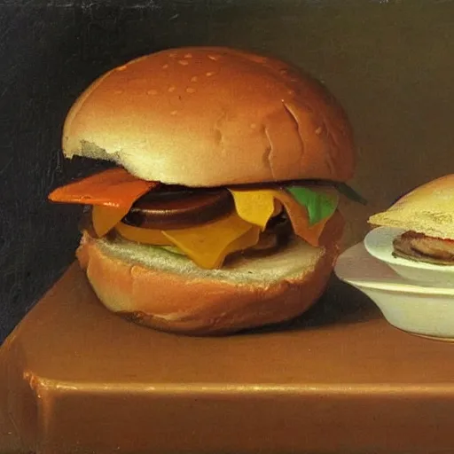 Prompt: hamburger in still life. dutch masters, 1 8 th century. oil on canvas. juicy, fresh, delicious, mouth - watering