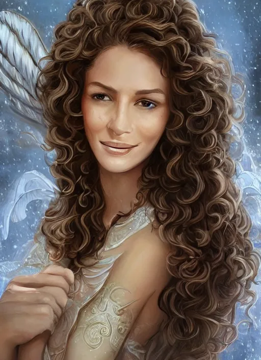 Prompt: beautiful angel woman, brunette smiling , curly hairstyle, looks like Ebru Şahin, Reyyan, looks like Fabiula Nascimento, looks like Laura Barriales, looks like Julia Roberts, D&D, fantasy, intricate, elegant, highly detailed, digital painting, artstation, concept art, character design, smooth, sharp focus, illustration, art by artgerm and greg rutkowski and alphonse mucha