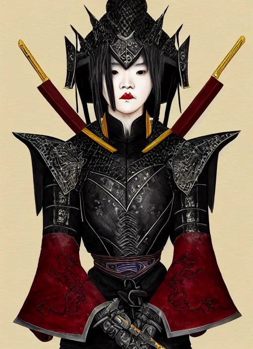 Prompt: full portrait of female vampire jinyiwei wearing black heavy armor and pointed helmet, agile, absurdly beautiful, facial scar, imposing, jinyiwei, embroidered uniform guard, secret agent, detective, chinese armor, historical armor, pointed helmet, katana, nodachi, japanese sword, ming dynasty, detailed, realistic face, anatomically accurate, fantasy art.