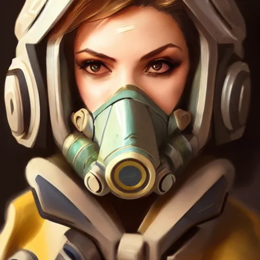 Image similar to mercy overwatch wearing cyber gas mask, 8 k resolution, highly detailed, intricate, very beautiful face, very detailed eyes, by greg rutkowski, wlop