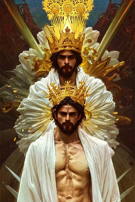 Image similar to a god wearing white clothes and golden crown, muscular, flowers, amazing, tarot art, painting by greg rutkowski and alphonse mucha