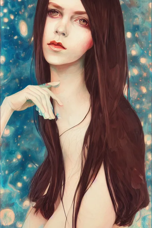 Image similar to portrait of a young cute beautiful woman with dark hair and big dark eyes artwork by Martine Johanna, Jack Gaughan, oil painted, Hikari Shimoda, artstation