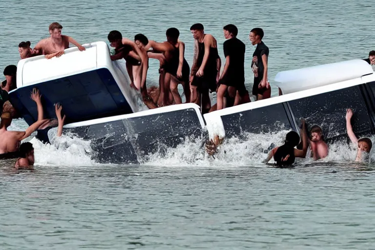 Image similar to Group of teenagers push Rolls-Royce into lake with their hands from a small slide wanting to drown him