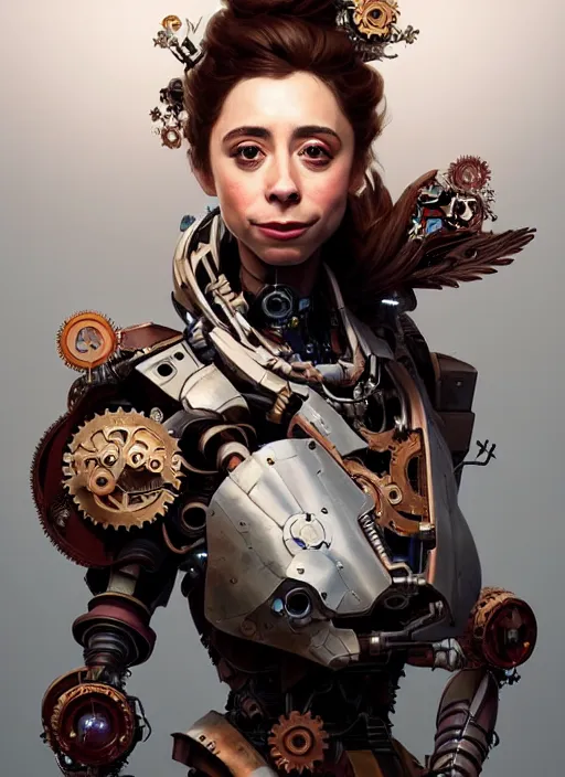 Prompt: portrait of cristin milioti, robot steampunk, floral! horizon zero dawn machine, intricate, elegant, highly detailed, ray tracing, digital painting, artstation, concept art, smooth, sharp focus, illustration, art by artgerm and greg rutkowski and alphonse mucha, 8 k