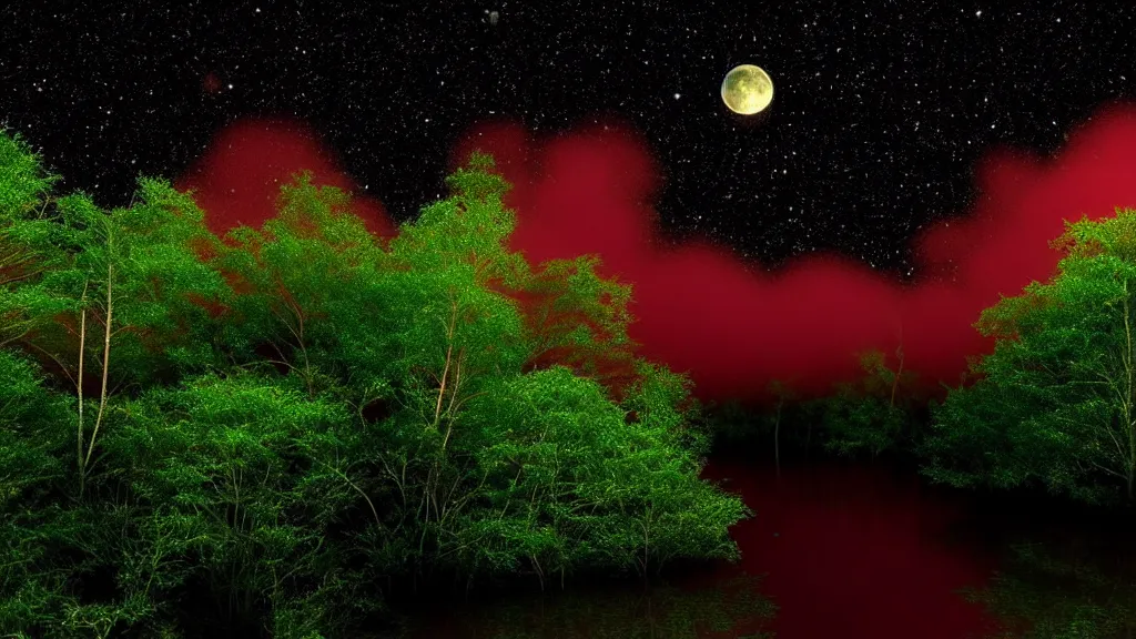 Image similar to 8k ultra realistic night time photography of a mystical cosmic night sky with red smoke and, a perfect big full moon!!!, A glimpse through a small gap in the dark green dense foliage!!!! and overgrowth and the trees!! of the huge full moon over water in a dark sky. wreathed in red smoke!!!, mist, starlight, night-time, volumetric lighting, dark enclosed, cozy, quiet forest night scene, spangled, cosmic