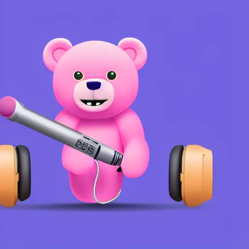 Image similar to iconic vector logo of cute cuddly pink bear with a podcast microphone, melodic, headphones, music, streaming, dreamy, isometric, adorable, octane render, golden ratio, 4k UHD, iconic design