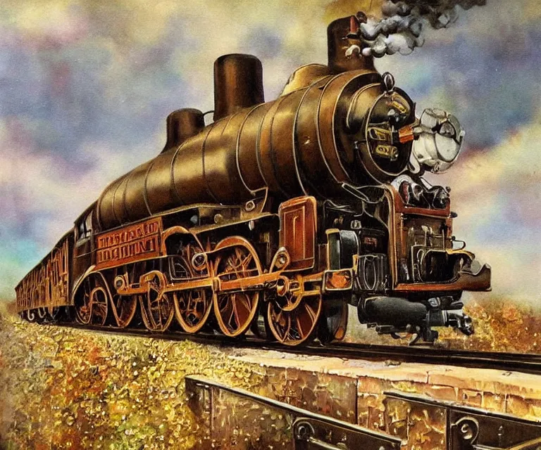 Image similar to steampunk train, 1 9 2 0 s, wet painting