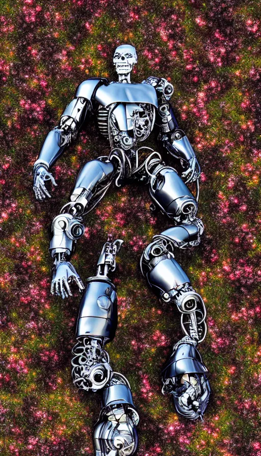 Image similar to destroyed terminator lying in a field of flowers, twisted metal, chrome, reflections, earth, terrible, anthropomorphic, photorealism, smoke, metal, 8 k, surreal, wires, smooth, sharp focus, top view, extremely detailed, ultra - realism, elegant, establishing shot, epic, by jeff koons, artgerm and greg rutkowski