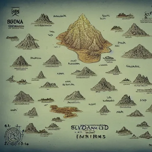 Image similar to imaginary map of an island, drawing of different elements in the lands, different realms, blueprint, infographic, on paper, natural colors, desert + sea + mountain + volcano + city + jungle, vintage, with notes, highly detailed, trending on artstation, fantasy art