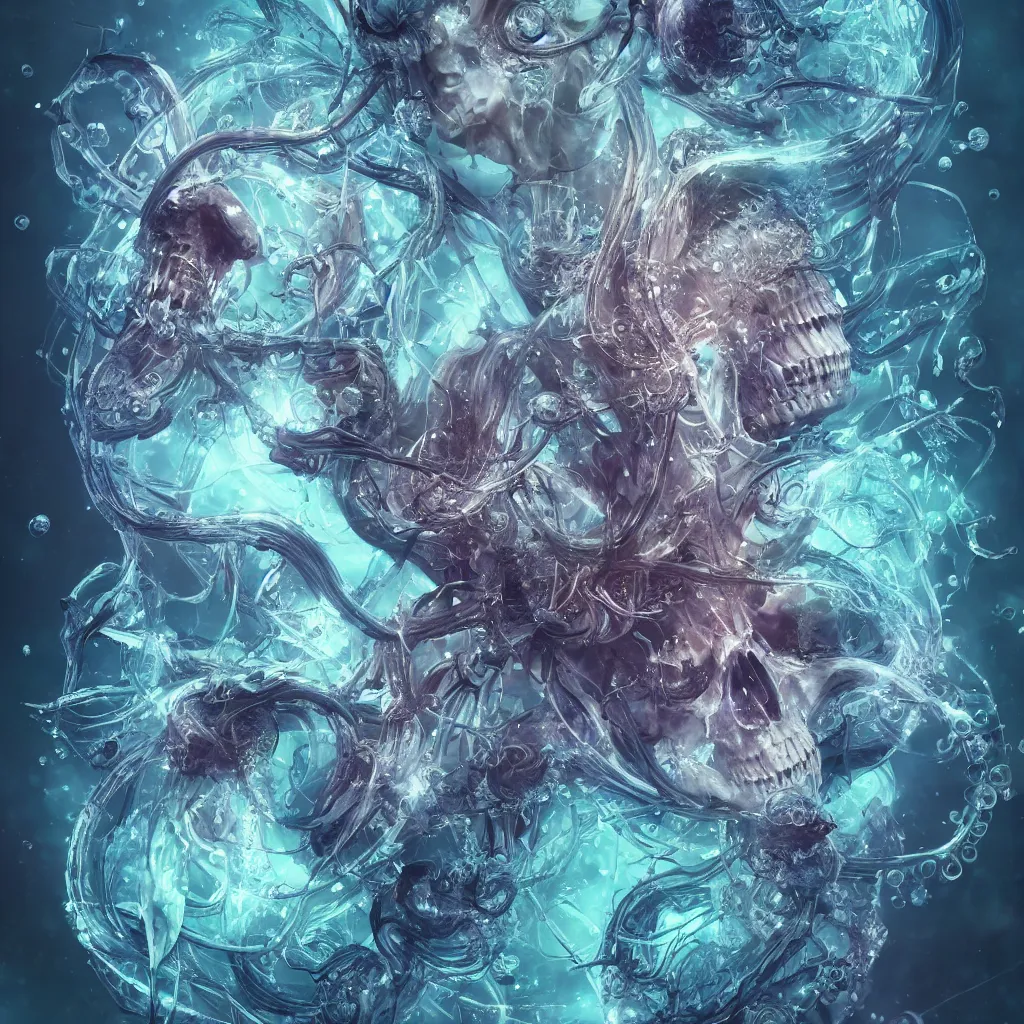 Image similar to close-up portrait goddess horned skull, x-ray, backbone, jellyfish phoenix head, nautilus, orchid, betta fish, bioluminiscent creatures, dark deep complex air bubbles in background, intricate artwork by Tooth Wu and wlop and beeple. octane render, trending on artstation, greg rutkowski very coherent symmetrical artwork. cinematic, high contrast, hyper realism, high detail, octane render, 8k