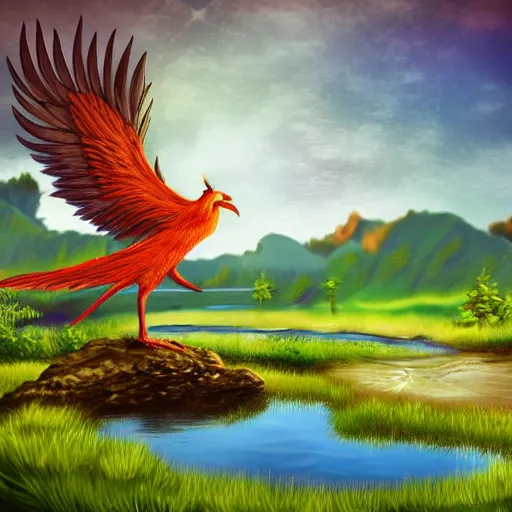 Prompt: prompt anthropomorphised phoenix, sitting at a pond, mountainous area, trees in the background, digital art