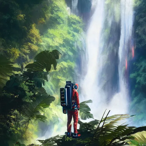 Image similar to an astronaut in a front of a large waterfall in a tropical forest, trending on artstation, masterpiece by greg rutkowski by ross tran by fenghua zho