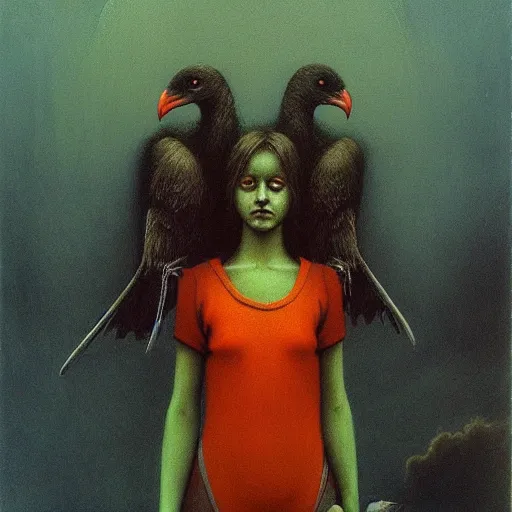 Image similar to teen raven-girl, painting by Beksinski