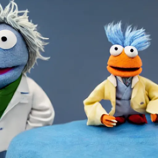 Image similar to rick sanchez as a muppet with peach skin, blue hair wearing a white lab coat. highly detailed felt. hyper real photo. 4 k.