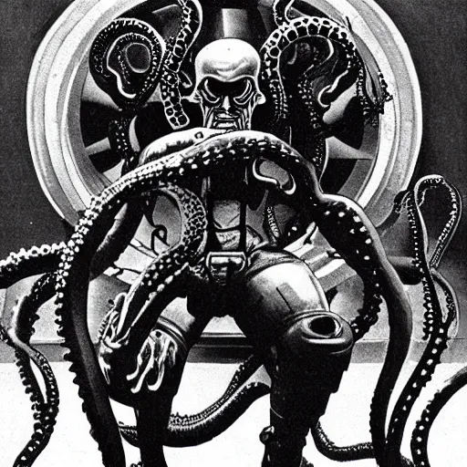 Image similar to old black and white photo, 1 9 1 3, depicting bruce willis in combat armor with guns, shooting biomechanical octopus, historical record, tentacles around