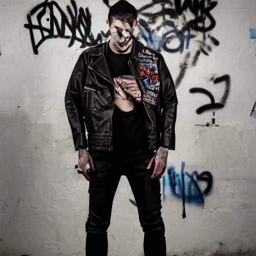 Image similar to an award - winning editorial photo of a male model wearing a distressed baggy cropped leather menswear jacket with graffiti all over, 4 k, studio lighting