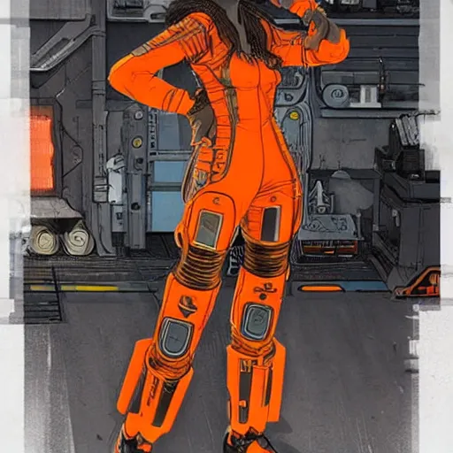 Image similar to cyberpunk mechanic lady in a jumpsuit with robotic feet and a cyberpunk eyepiece. orange and black color scheme. concept art by james gurney and mœbius. apex legends character art. gorgeous face.