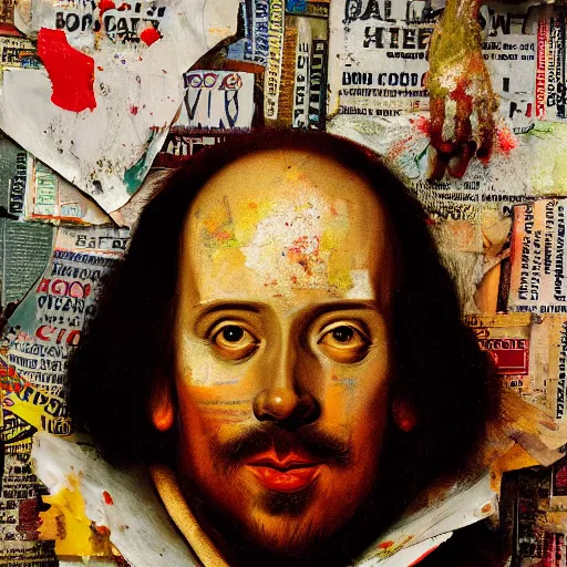 Prompt: hyperrealistic, photorealistic, mixed media oil painting of william shakespeare, magazine scraps, plaster, blood, oil, mustard, cigarettes, splatter, trending on artstation, award - winning painting, greg rutkowski, basquiat, ralph steadman, terry gilliam