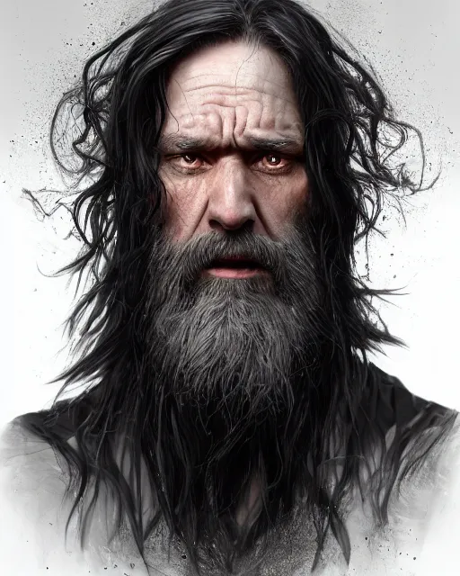 Image similar to portrait of a 6 0 - year - old giant man with long tangles of bushy black hair and beard hiding most of his face, wearing in black cloak, hyper realistic face, beautiful eyes, character art, art by mark brooks, hyperdetailed, cryengine, trending on artstation, digital art