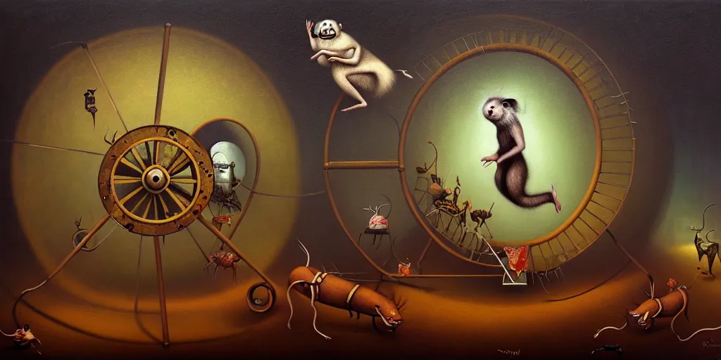 Image similar to trapped on the hedonic treadmill like a hamster on a wheel, dark surreal oil painting by ronny khalil, shaun tan, and leonora carrington