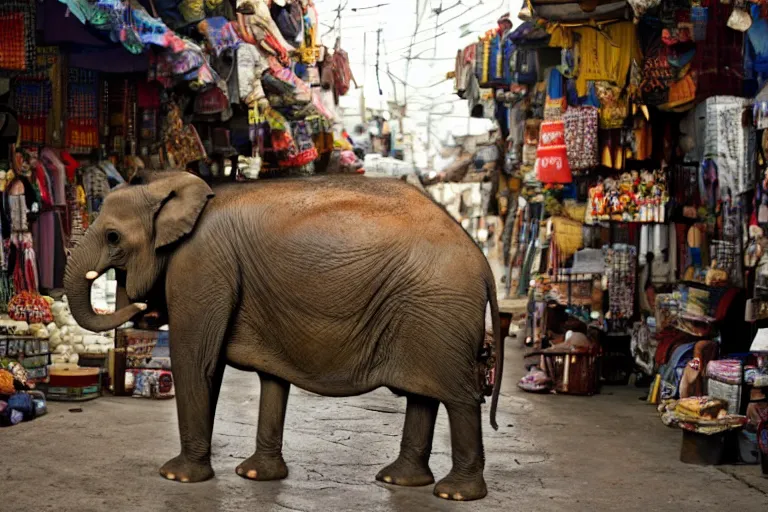 Prompt: cinematography elephant walking through Indian market by Emmanuel Lubezki