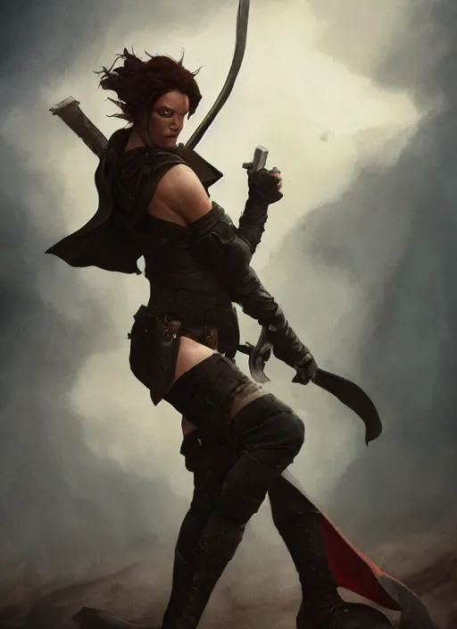 Image similar to hyper realistic photo of medieval rogue milla jovovich, full body, rule of thirds, conceptart, saturated colors, cinematic, greg rutkowski, brom, james gurney, mignola, craig mullins, artstation, cgsociety