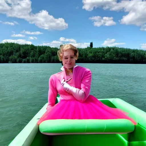 Image similar to ( ( green putin wearing a pink tutu ) ), on a boat on a lake