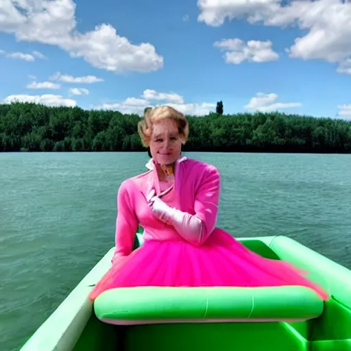 Prompt: ( ( green putin wearing a pink tutu ) ), on a boat on a lake