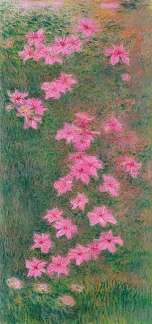 Image similar to beautiful pink dripping clematis by claude monet, oil on canvas