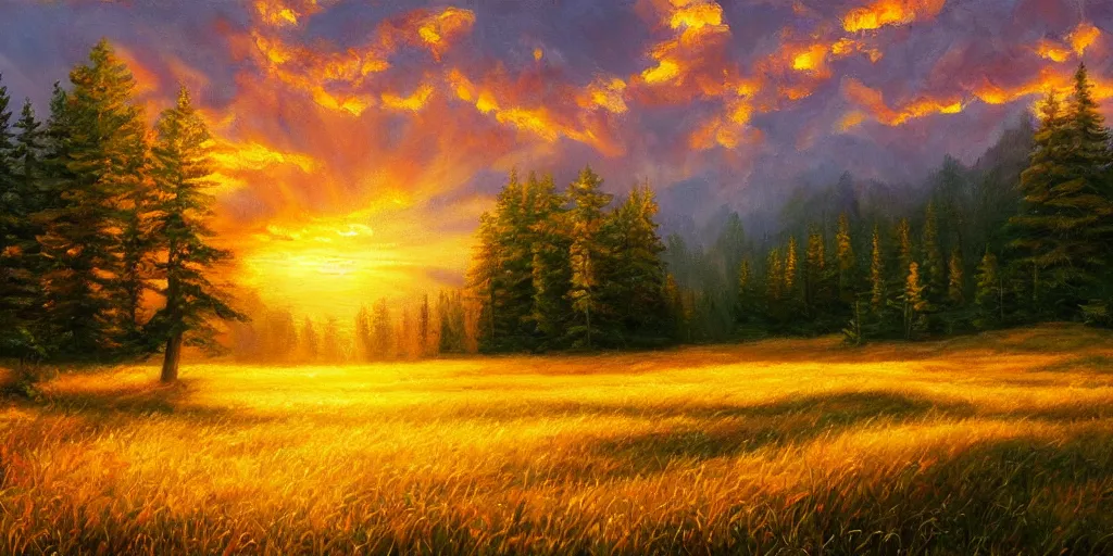 Image similar to golden hour nature landscape, oil painting, ultra realistic, highly detailed, hd, sharp focus, cinematic lighting, warm colors, realistic, photorealistic, vivid colors, painting, non blurry, sharp, smooth, illustration