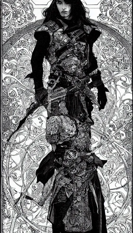 Image similar to a black and white ink fine ink drawing of a thief, from of thrones, in leather armor, fibonacci, sweat drops, intricate fashion clothing, concept art, smooth, sharp focus, illustration, art by alphonse mucha and travis charest