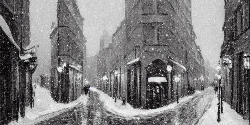 Image similar to an alley in paris in winter, snowing, christmas night, 1 9 1 0