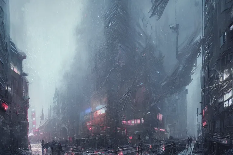 Image similar to cyberpunk depiction of the city of gdansk during arctic conditions by greg rutkowski