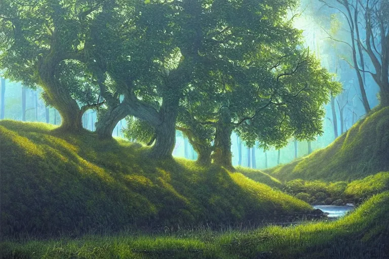 Image similar to masterpiece painting of oak trees on a hillside overlooking a creek, dramatic lighting, by andrew ferez