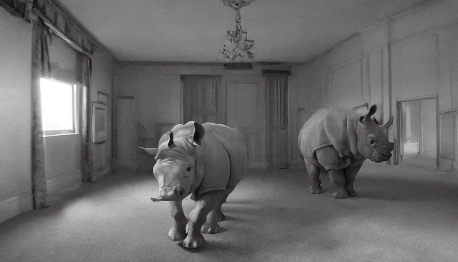 Prompt: a rhinoceros in a stalinist style room, by mini dv camera, very very low quality, heavy grain, very blurry, accidental flash, caught on trail cam