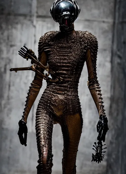 Image similar to walking down the catwalk, steven klein, show, stage, vogue photo, podium, fashion show photo, iris van herpen baroque dress, beautiful woman, perfect body, full body shot, helmet on face, masterpiece, guyver, giger, biomechanical details, denis villeneuve, movie still, fauvism, cinestill, bokeh