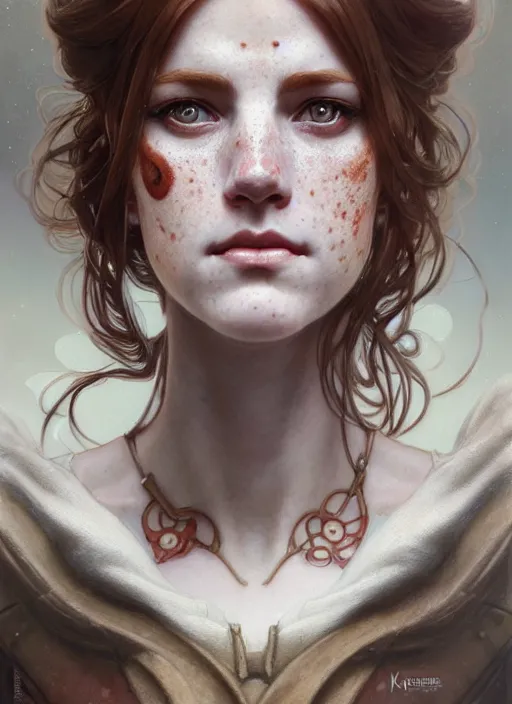 Prompt: close up portrait of wendy thomas, pale young woman with freckles by artgerm, cushart krenz, greg rutkowski, mucha. art nouveau. gloomhaven, golden arches logo, pale colors, sharp edges. ultra clear detailed. 8 k. elegant, intricate, octane render