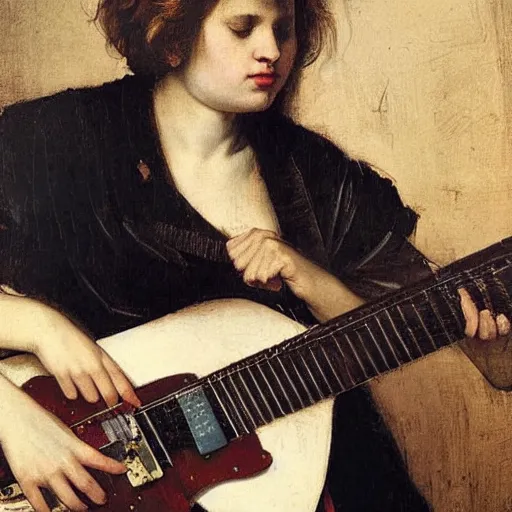 Prompt: Anna Calvi playing electric guitar by Caravaggio and Jules Bastien-Lepage, masterpiece