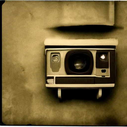 Prompt: small dark concrete room with a tv on the ground, the tv has a pair of eyes on a dark background, creepy, eerie, old polaroid, expired film,