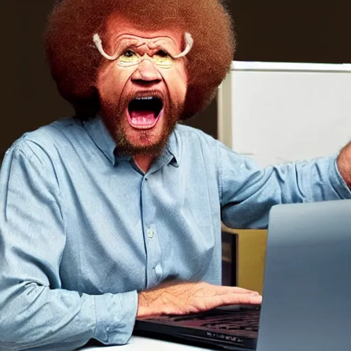 Prompt: angry bob ross screaming at laptop