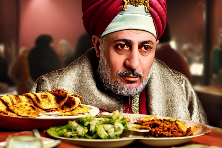 Image similar to Ottoman Sultan Mehmet IV eating shawarma in a restaurant, wearing big ovular turban and a luxurious Ottoman coat, green eyes, super realistic facial features, detailed face, Ottoman Sultanate, cheerful, expressive, photorealistic, hyperrealism, micro details, HDR Shot