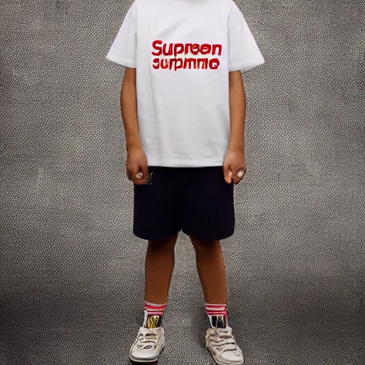 Image similar to short kid wearing a supreme shirt, detailed, studio