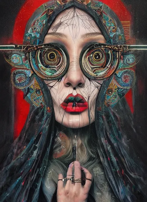 Image similar to tripping cult magic psychic woman, subjective consciousness psychedelic, epic occult ritual symbolism story iconic, dark robed witch, oil painting, robe, symmetrical face, greek dark myth, by Sandra Chevrier, Anna Dittman, masterpiece