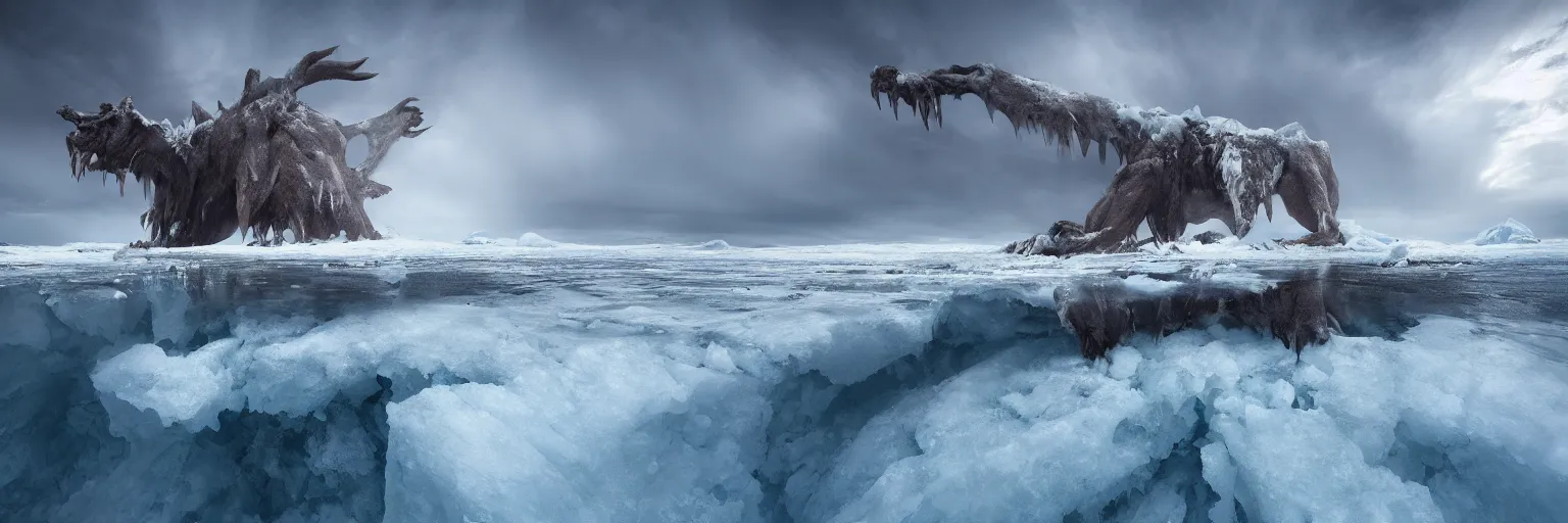 Prompt: photo of A (gigantic) monster trapped under the ice by marc adamus