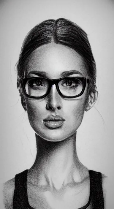 Prompt: highly detailed pencil sketch portrait of a beautiful woman with laaaaaarge glasses