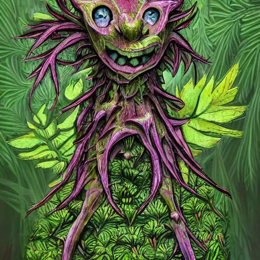 Prompt: A plant monster, highly detailed, digital art, sharp focus, trending on art station, leaves, moss, ferns, thistle, anime art style